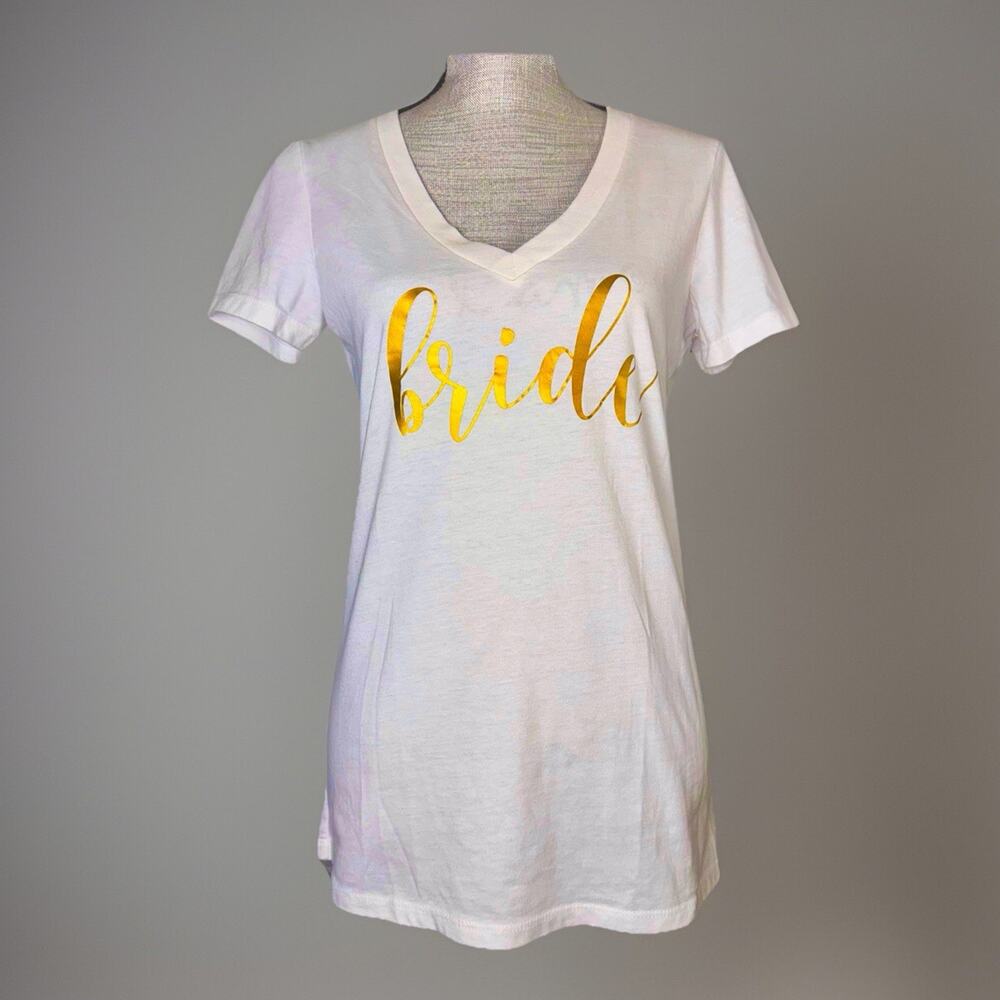 Bride Spell Out Sz Large White Shiny Gold V-Neck Shirt Bachelorette Party Tee‎